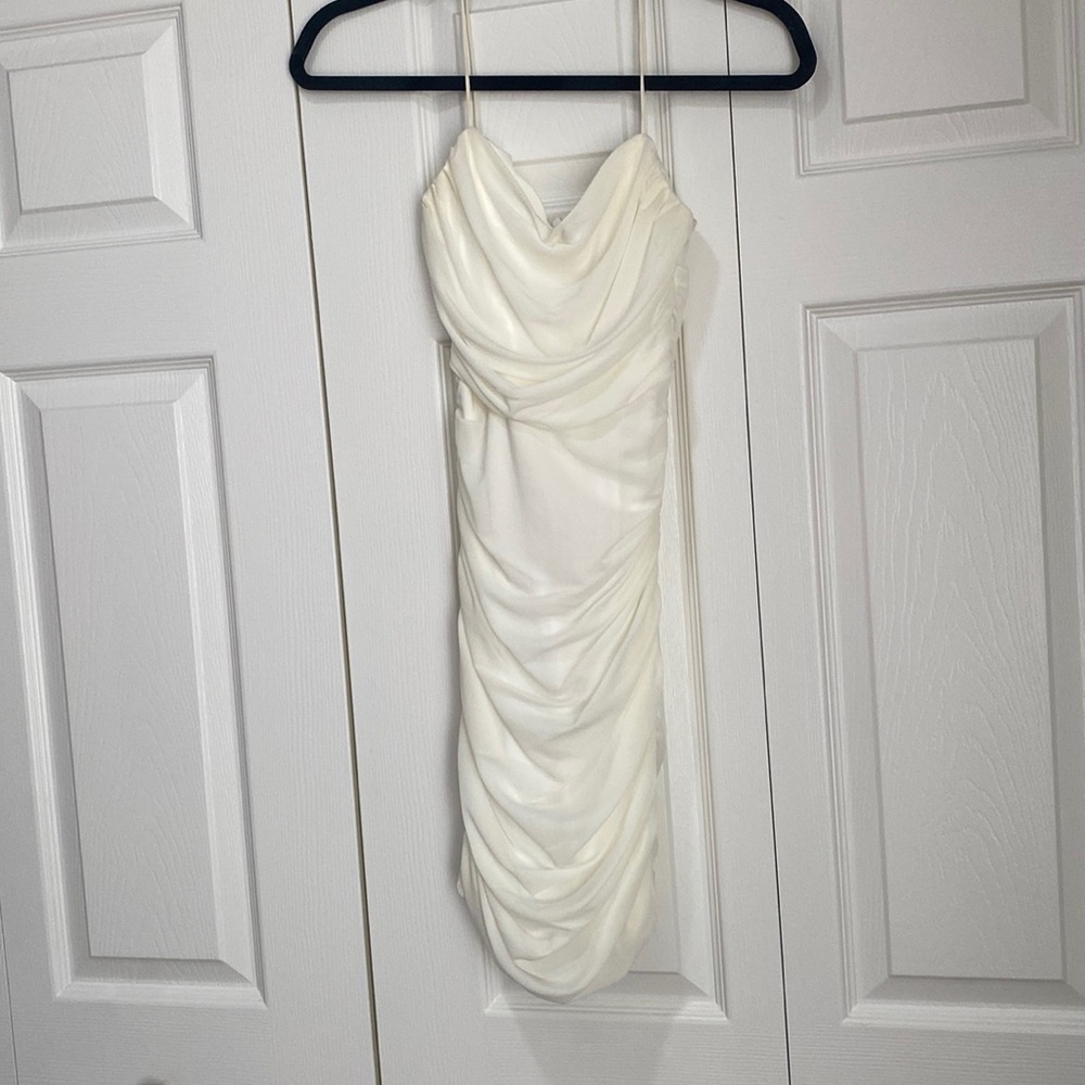 Ruched white mini dress